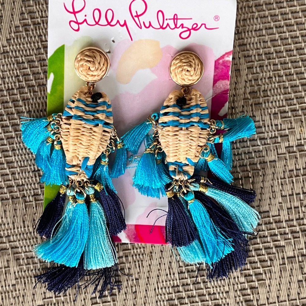 Lilly Pulitzer NEW‎ Woven Raffia Fish Tassel Earrings Teal Resortwear Tropical
